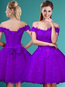 Knee Length Lace Up Dama Dress for Quinceanera Eggplant Purple for Prom and Party with Lace and Belt