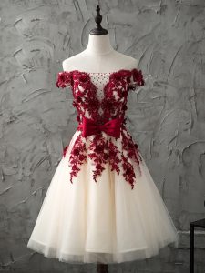 Champagne A-line Appliques and Bowknot Dama Dress for Quinceanera Lace Up Tulle Sleeveless Knee Length