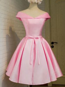 Excellent Pink Taffeta Lace Up Off The Shoulder Cap Sleeves Knee Length Vestidos de Damas Belt