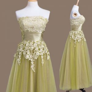 Trendy Sleeveless Tulle Tea Length Lace Up Quinceanera Dama Dress in Olive Green with Appliques