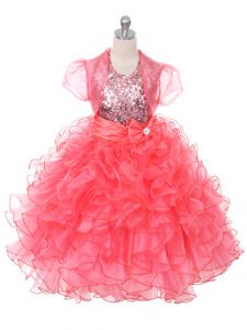 Coral Red Lace Up Scoop Ruffles and Sequins and Bowknot Custom Made Pageant Dress Organza Sleeveless