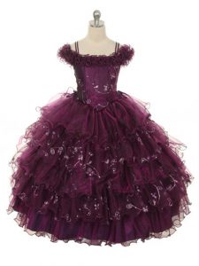 Nice Burgundy Organza Lace Up Off The Shoulder Sleeveless Floor Length Pageant Gowns Ruffles and Ruffled Layers