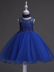 Elegant Royal Blue Organza Zipper Scoop Sleeveless Knee Length Little Girl Pageant Dress Beading and Lace