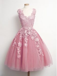 Glorious Knee Length Pink Dama Dress Tulle Sleeveless Appliques