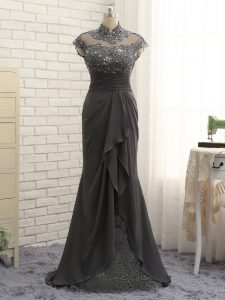 Popular Cap Sleeves Chiffon Floor Length Zipper Mother Of The Bride Dress in Black with Lace and Ruching