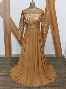 Chic Chiffon High-neck Long Sleeves Brush Train Zipper Lace Mother of the Bride Dress in Brown
