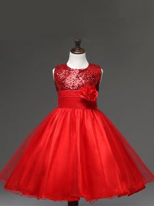 Red Sleeveless Sequins and Hand Made Flower Knee Length Glitz Pageant Dress