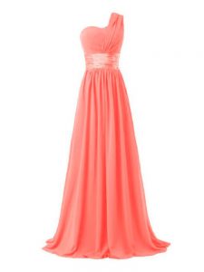 Lovely One Shoulder Sleeveless Vestidos de Damas Floor Length Ruching Watermelon Red Chiffon