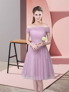 Deluxe Ruching and Belt Court Dresses for Sweet 16 Lavender Side Zipper Sleeveless Knee Length
