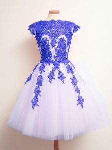 Deluxe Mini Length Blue And White Quinceanera Dama Dress Tulle Sleeveless Appliques
