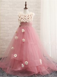 Graceful Sleeveless Hand Made Flower Zipper Kids Formal Wear with Pink Brush Train