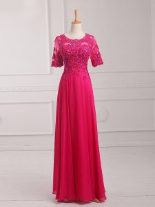 Fantastic Floor Length Zipper Mother Dresses Hot Pink for Prom and Military Ball and Beach with Lace and Appliques