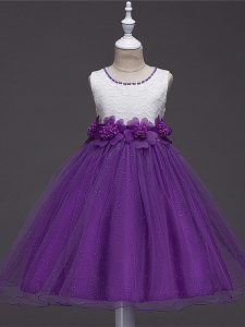 Tulle Sleeveless Knee Length Glitz Pageant Dress and Lace and Hand Made Flower