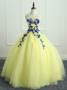 Unique Scoop Sleeveless Lace Up Quinceanera Dresses Light Yellow Organza