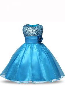 Inexpensive Sleeveless Knee Length Sequins and Hand Made Flower Zipper Child Pageant Dress with Baby Blue