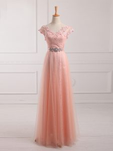 Peach Short Sleeves Beading and Lace and Appliques Floor Length Mother Of The Bride Dress