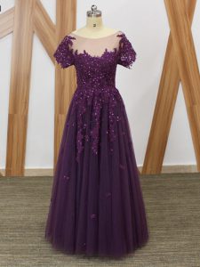 Floor Length Purple Mother Of The Bride Dress Scoop Short Sleeves Zipper