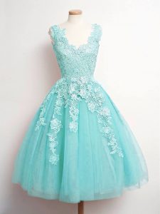 Charming Aqua Blue V-neck Lace Up Lace Quinceanera Court Dresses Sleeveless