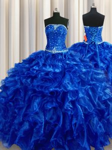 Spectacular Royal Blue Strapless Neckline Beading and Ruffles Quinceanera Gown Sleeveless Lace Up