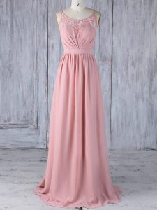 Floor Length Pink Vestidos de Damas Chiffon Sleeveless Appliques