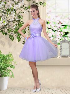 Lilac Sleeveless Knee Length Lace and Belt Lace Up Dama Dress