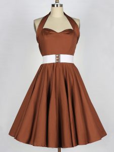 Lovely Brown A-line Belt Quinceanera Court Dresses Zipper Taffeta Sleeveless Knee Length