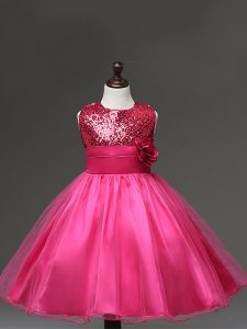 Inexpensive Hot Pink Tulle Zipper Pageant Gowns For Girls Sleeveless Knee Length Sequins and Hand Made Flower