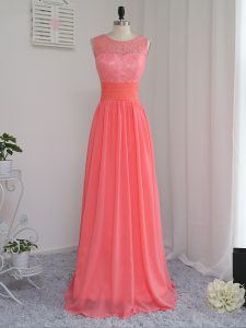 Fancy Scoop Sleeveless Zipper Quinceanera Court Dresses Watermelon Red Chiffon