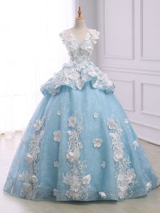 Best Light Blue Ball Gowns Scoop Sleeveless Organza Court Train Lace Up Appliques 15 Quinceanera Dress