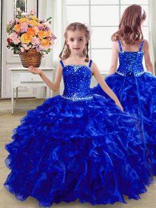 Ball Gowns Little Girls Pageant Dress Wholesale Royal Blue Straps Organza Sleeveless Floor Length Lace Up