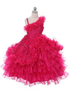 High Class Asymmetric Sleeveless Lace Up Child Pageant Dress Hot Pink Organza