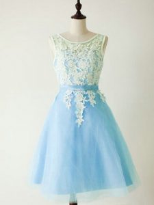 Knee Length Light Blue Court Dresses for Sweet 16 Tulle Sleeveless Lace