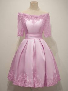 Lilac Taffeta Lace Up Court Dresses for Sweet 16 Half Sleeves Knee Length Lace