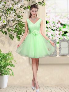 V-neck Sleeveless Tulle Vestidos de Damas Lace and Belt Lace Up