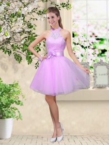 Free and Easy Sleeveless Tulle Knee Length Lace Up Court Dresses for Sweet 16 in Lavender with Lace and Belt