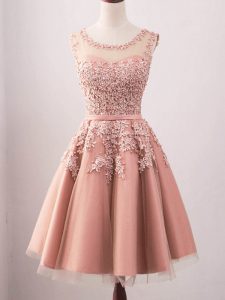 Trendy Knee Length Lace Up Quinceanera Dama Dress Pink for Prom and Party and Wedding Party with Lace