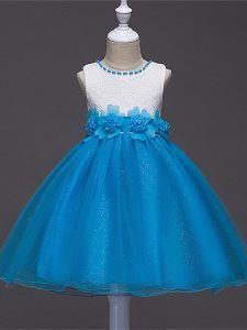Knee Length Zipper Glitz Pageant Dress Baby Blue for Wedding Party with Lace and Hand Made Flower