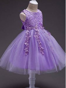 Knee Length Lavender Glitz Pageant Dress Tulle Sleeveless Lace and Belt