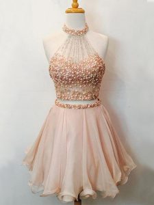 Chic Champagne Halter Top Neckline Beading Quinceanera Court of Honor Dress Sleeveless Lace Up