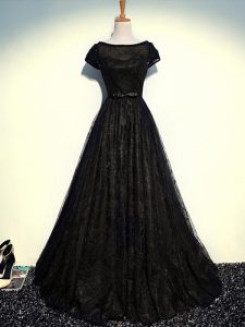 Scoop Short Sleeves Tulle Mother Dresses Beading and Lace and Belt Zipper