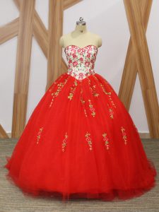 Modern Red Quinceanera Gown Tulle Sweep Train Sleeveless Embroidery and Ruffled Layers