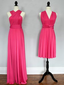 Dramatic Hot Pink Chiffon Lace Up Halter Top Sleeveless Floor Length Court Dresses for Sweet 16 Ruching