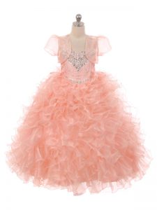 Luxurious Peach Ball Gowns Organza Straps Sleeveless Beading and Ruffles Floor Length Lace Up Little Girls Pageant Gowns
