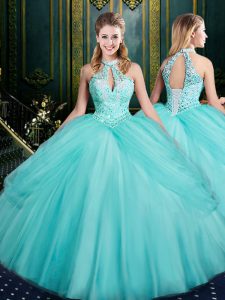 Aqua Blue Sleeveless Floor Length Beading and Pick Ups Lace Up 15 Quinceanera Dress