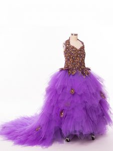 Eggplant Purple Tulle Lace Up Little Girl Pageant Gowns Sleeveless Court Train Ruffles