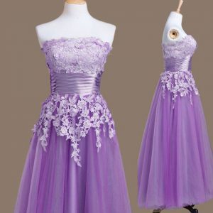 Lavender Lace Up Quinceanera Court of Honor Dress Appliques Sleeveless Tea Length