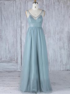 Grey Sleeveless Floor Length Lace Zipper Quinceanera Dama Dress
