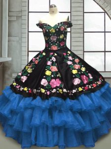 Blue And Black Ball Gowns Sweetheart Sleeveless Organza and Taffeta Floor Length Lace Up Embroidery and Ruffled Layers Ball Gown Prom Dress
