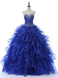 Luxurious Royal Blue Organza Lace Up Sweetheart Sleeveless Floor Length Quinceanera Dress Beading and Ruffles