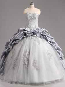 Silver Taffeta and Tulle Lace Up Ball Gown Prom Dress Sleeveless Brush Train Beading and Appliques and Pick Ups